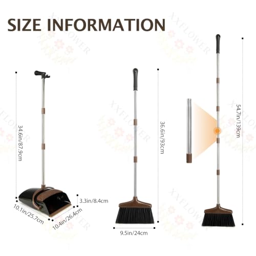 Image of Broom and Dustpan Set with Long Handle, Light Weight Stainless Steel Poles Stand Upright Dustpans with Broom Combo for Home Kitchen Office Pet Dog Hair, 1-Pack (Black Brown)