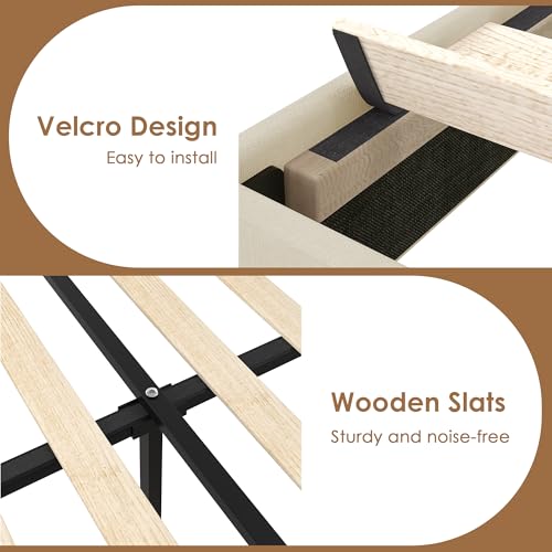 Image of VECELO Twin Size Platform Bed Frame with Height Adjustable Upholstered Headboard, Modern Mattress Foundation,Strong Wood Slat Support, No Box Spring Needed, Easy Assembly, Beige