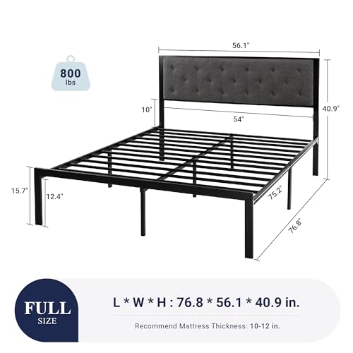 Image of Allewie Full Bed Frame with Upholstered Headboard, Chic Diamond Stitched Tufted Design, No Box Spring Needed, Dark Grey