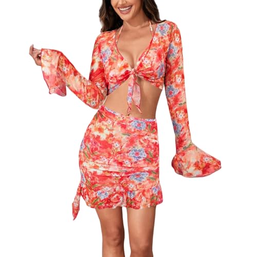 Conjunto de bikini sexy para mujer, traje de baño de 4 piezas con cuello halter de malla transparente, falda de verano, bikini de cintura alta, traje de baño para el abdomen, traje de baño, Rot22., M