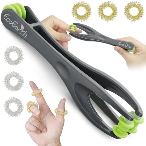 EcoEarth Juego de Masajeador para Dedos y Manos (7 Piezas) - 1 Rodillo de Masaje y 6 Anillos de Masaje para Dedos - Herramientas de Terapia de Acupresión y Confort de Tejido Profundo