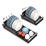 Pukomc Small Extendable Dish Drying Rack, Adjustable Dish Rack, Stainless Steel & Removable Cutlery Holder, for Compact Sink or Countertop Plate Rack, Space-Saving Collapsible Dishes Holder,Black