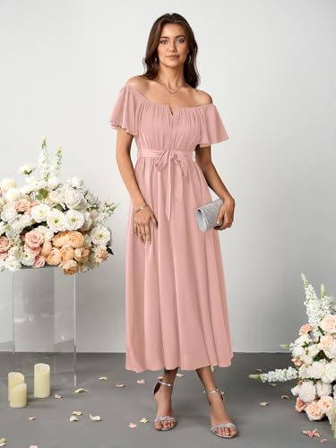 Image of SCOMCHIC Women Summer Maxi Dress Flutter Short Sleeve Square Neck Belted Casual A Line Flowy Wedding Guest Long Dresses