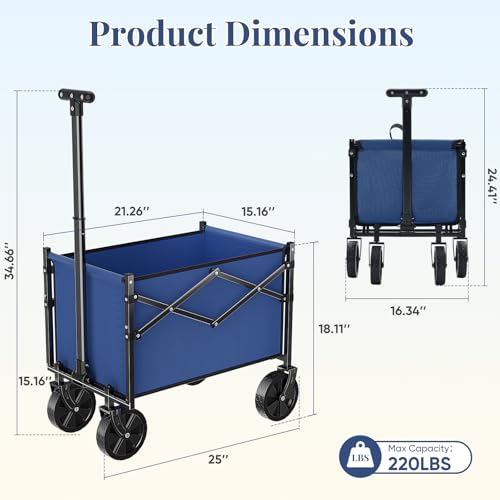 Image of DUMOS Collapsible Wagon with Wheels, 220LBS Wagons Carts Foldable Small Wagon Cart with Flexible Handle, Lightweight Portable Folding Utility Grocery Shopping Cart for Sports Garden Camping, Blue