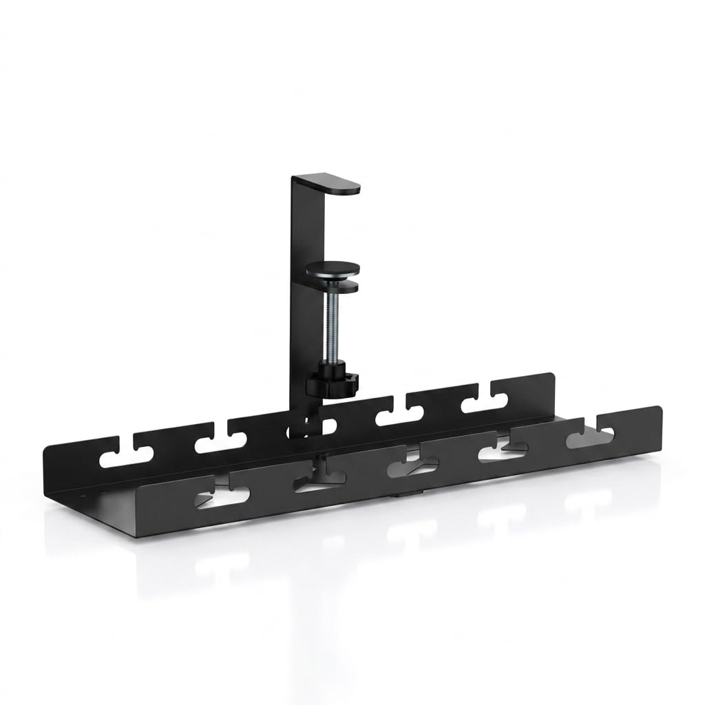 Herrlich Homes Under Desk Cable Management Tray | No Drill Metal Wire Organiser for Office Table | Adjustable Clamp Cord Holder | Powder Coated Steel Desk Cable Organizer | 39.5cm Black 4