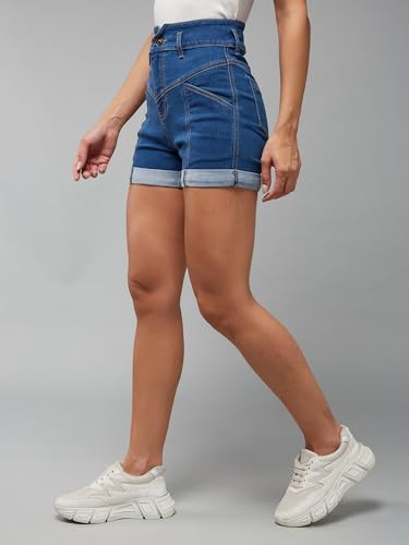 Image of Dolce Crudo Women's Relaxed Fit Mid-Rise Denim Shorts with Adjustable Waist & Frayed Hem