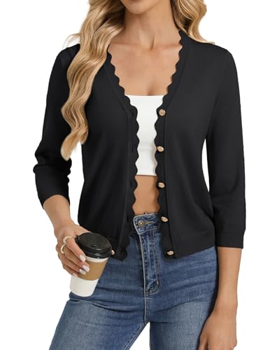 GRACE KARIN Cardigan Sweaters for Women Lightweight Summer 3/4 Sleeve Cardigan Cropped Spring Shrug for Dresses Black