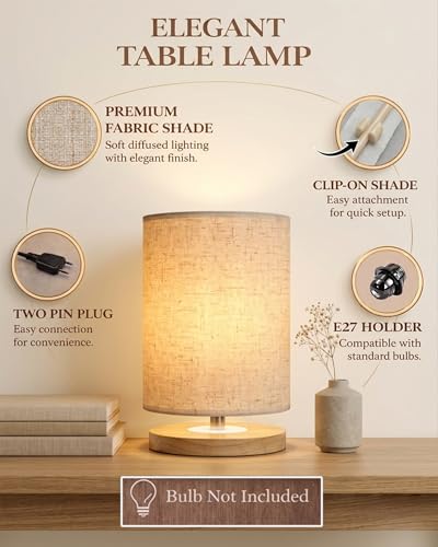 Image of Homesake Small Pine LED Table Lamp-Wooden Bedside Lamp Simple Bedroom Light Linen Shade Mini Desk Lamp Nightstand Lamps for Bedroom, Living Room, Gift, (Clip Khadi Shade)