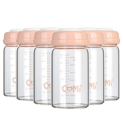 Image of COMI Wide Neck Glass Breastmilk Collection n Storage Bottle, 6oz with Screw Ring Sealing Disk; Re-markable Sealing Disc. BPA Free, Fits Breast Pumps & Nipples (Pink Lids)