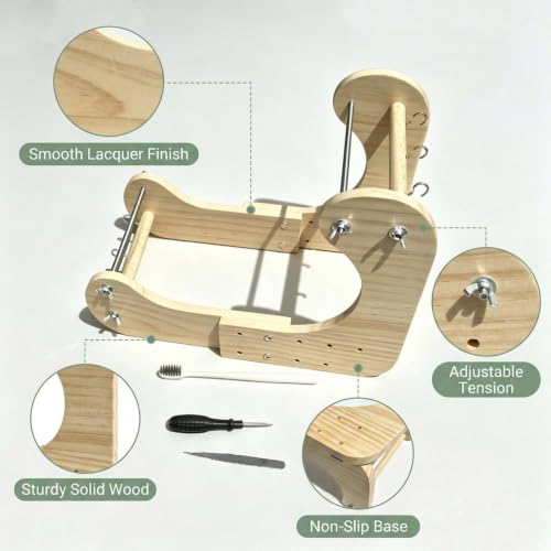 Telar de madera ajustable de acabado natural con soporte y cepillo de tejer 3
