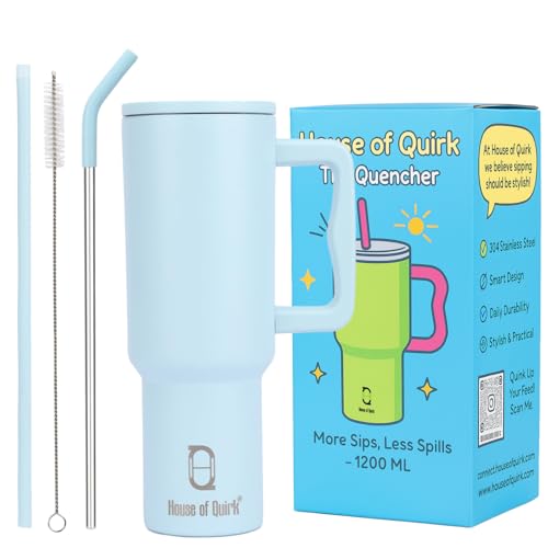House of Quirk 1200ML Stainless Steel Tumbler with Handle & Lid, 2 Straws – Large Travel Mug Water Cup for Gym, Office & Outdoor Use (Powder Blue)