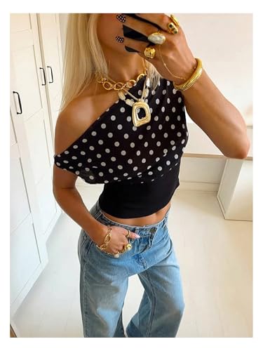 Milumia Women's Polka Dots Off Shoulder Crop Tank Tops Y2K Cap Sleeve Ruched Going Out T-Shirts2