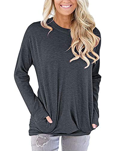 AUSELILY T-Shirts à Manches Longues pour Femme Col Rond Tunique Haut Décontracté Sweatshirt Pull avec Poche(Gris Noir,L) Cover