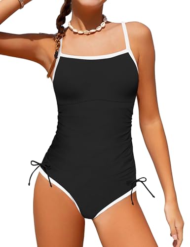 Girls Swimsuit One Piece Bathing Suit Color Block Strap Swimwear Drawstring Swimsuits for Teens 9-16Y with Padded