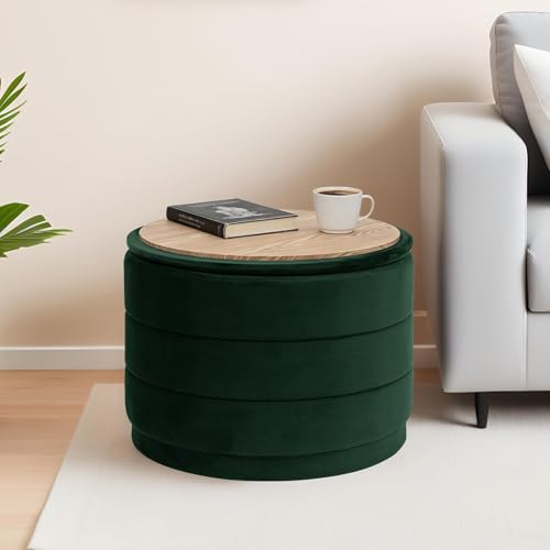 CAIPINFUL 23' Upholstered Round Velvet Ottoman with Storage | Foldable Foot Rest Ottoman with Wooden...