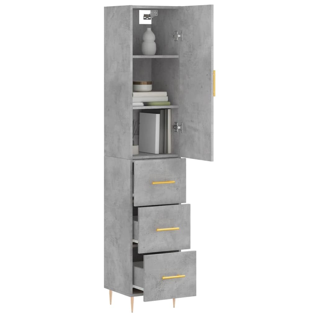 Générique Bufet wysoki szary betonowy 34,5 x 34 x 180 cm, szafka do przechowywania z drewna inżynieryjnego z metalowymi drzwiami i nogami, duża przestrzeń do przechowywania do organizacji codziennych