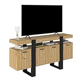 Songvas Meuble TV 160cm   Meuble Télé Style Industriel, Meuble Rangement avec 2 Tiroirs & 2 Portes, avec lumières LED, Meuble TV Noir et Bois, Adaptable à Salon/Chambre(160x40x80cm)