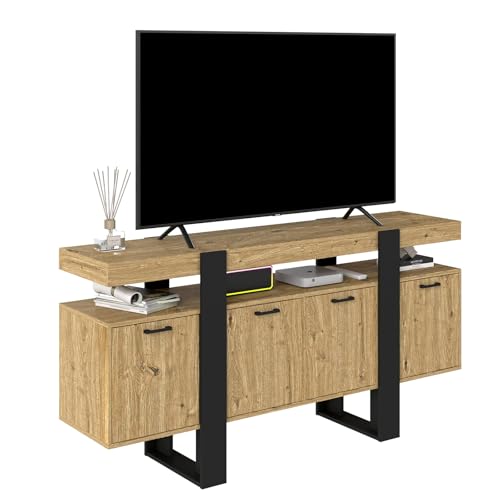 Songvas Meuble TV 160cm - Meuble Télé Style Industriel, Meuble Rangement avec 2 Tiroirs & 2 Portes, avec lumières LED, Meuble TV Noir et Bois, Adaptable à...