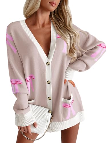 Saodimallsu Womens Oversized Cardigan Sweaters Bow Printed Button V Neck Long Sleeve Loose Knit Fall Trendy Coats