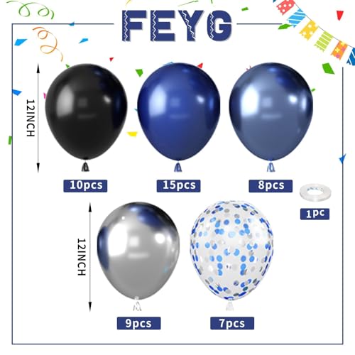 Image of Blue and Black Balloons,50PCS 12 Inch Royal Blue Black and Silver Confetti Balloons with Ribbon,for Boys Birthday Baby Shower Graduate Blue and Black Party Decoration (Pack of 2)