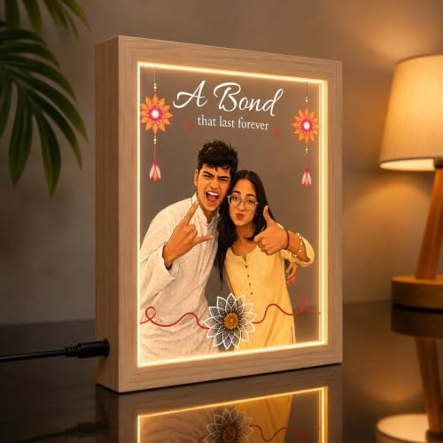 Image of Personalized Raksha Bandhan Acrylic LED Lamp with Custom Photo (Design 5) | Night Light, Brother Sister, Free Rakhi Included, Custom Photo
