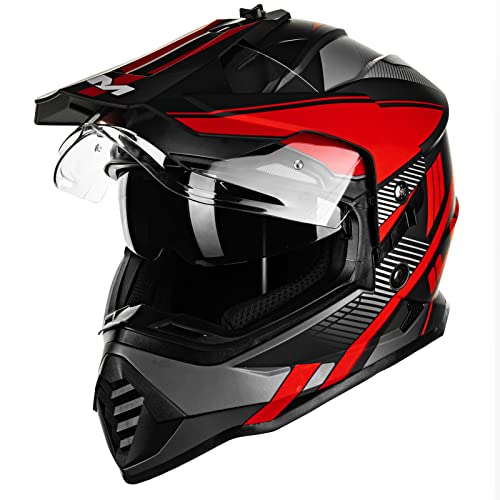 ILM Dual Sport Adventure Motorcycle Helmet with Pinlock Compatible Sun Visor Snowmobile ATV Dirt Bike Off Road Casco Model WS902 RedBlack Medium