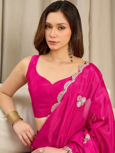 Image of AKHILAM Women's Shimmer Pure Georgette Embroidered Ready To Wear one Minute Saree With Unstitched Blouse Piece