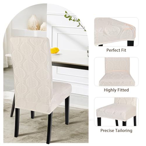 Image of SearchI Water Repellent Dining Room Chair Cover,6 Pack,Beige Flower Pattern | Stretch Jacquard, Parsons Chair Slipcovers, Removable Washable, Kitchen Chair Protector Cover for Dining Room, Hotel, Banquet
