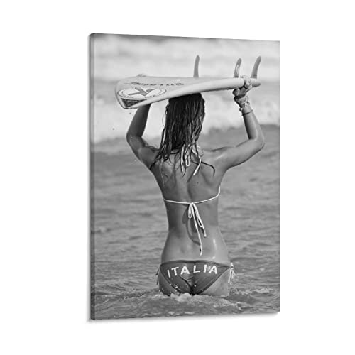Aomaca Italian Surfer Girl Beach Black And White Surfing Photograph Vintage Poster Canvas Wall Art Room Decoration Aesthetics Wall Paintings Gifts 24X36Inch(60X90Cm) #TOP15