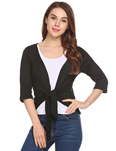 Concep Open Front Black Shrug Cropped Top Shirt Long Sleeve Wrap Cardigan for Women (Black, XXL)