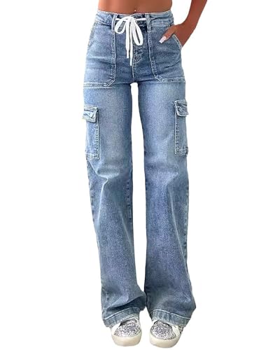 Women's Straight Leg Cargo Jeans Drawstring Elastic Mid Rise Washed Distressed Flap Pocket Denim Pants