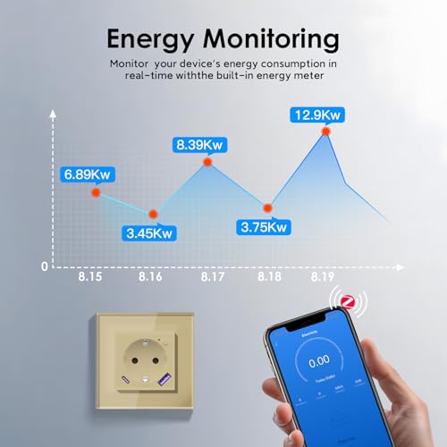 BSEED ZigBee Steckdose mit USB C 20W Schnellladegerät mit Verbrauchsmessung,Smart Steckdose Unterputz für Alexa/Google Home,Smart Wandsteckdose mit Strommessung 16A,1 Fach Gold(Gateway Hub Bedarf)