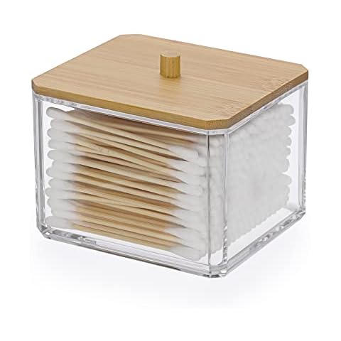 SUMTree Acrylic Qtip Dispenser with Bamboo Lid Cover