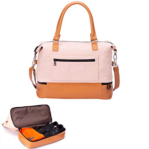DOLAZAN Women Travel Duffle Bag?Canvas Carry On Tote?Weekender Overnight Canvas Bag with PU Leather Shoulder Strap and Shoe Compartment, Pink