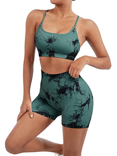 Image of SUUKSESS Women Seamless Workout Sets Strappy Sports Bra High Waist Booty Shorts Outfits