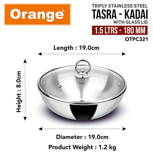 Image of Orange Triply Stainless Steel Tasra /Tasla Kadai with Glass Lid 1.5 litres Capacity (18 cm Diameter) | Heavy Bottom | 2.5mm Thickness | Silver (Induction and Gas Stove Friendly) | 5 Year Warranty