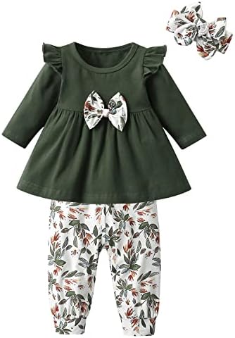 3PCS Baby Girl Clothes Ruffle Floral Shirt Tops Pants Headband Outfit Sets (Green, 9-12 Months)