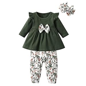 3PCS Baby Girl Clothes Ruffle Floral Shirt Tops Pants Headband Outfit Sets