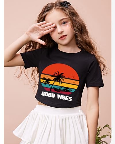 Image of DDSOL Girls Crop Tops Summer Palm Tree Sunset Beach Shirt Hawaii Short Sleeve Tropical Tshirts for Teen Girl 6-14 Years