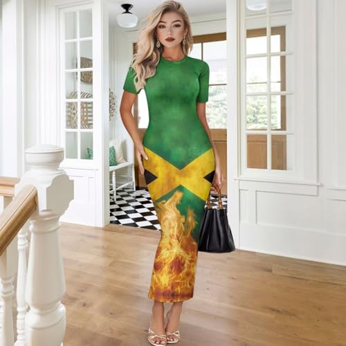 Image of Womens Short Sleeve Jamaican Flag Midi Bodycon Dress | Soft stretchy fabric,crew neck,jamaican print casual date night cocktail party, elegant chic, spring summer fall all season