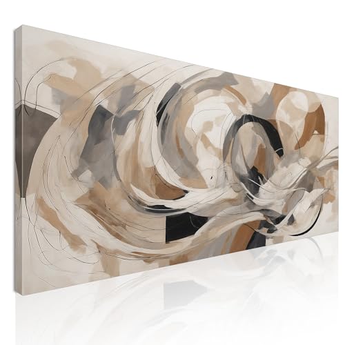CheQuadro! Quadro astratto moderno orizzontale, decorazione da parete Vortice di Colori Beige e Nero intelaiato pronto da appendere absh39-90x40 cm