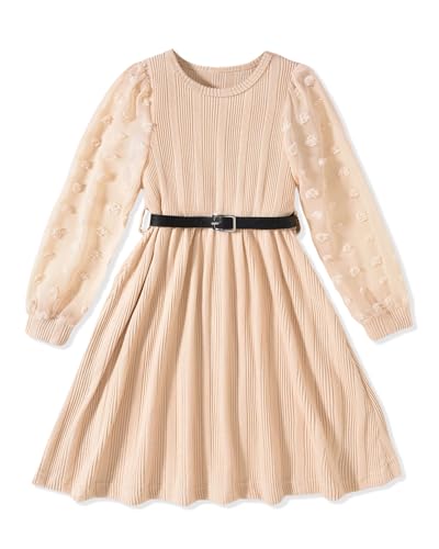 Little Girls Fall Winter Puff Long Sleeve Swiss Dot Dresses A-Line Knit Dress with Belt for Kids Size 4-12