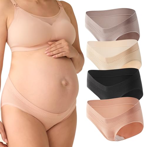 Momcozy Maternity Underwear Seamless, Pregnancy Postpartum Panties Under Bump Maternity Underwear Cotton 4 Pack