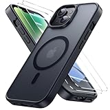 Bruzaio iPhone 14/ iPhone 13 用 ケース【強化フィルム2枚付き】Magsafe対応・米軍規格 いphone13 ケース 半透明 耐衝撃 指紋防止 滑り止め マグネット搭載 ワイヤレス充電 耐久性 全面保護 黄ばみなし あいほん14/13スマホケース 6.1インチ用，ブラック