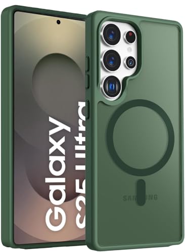 Image of Elzzi Magnetic Guard Designed for Samsung S25 Ultra 5G Case Translucent Matte Hard PC + TPU Back Cover [Compatible with MagSafe] Anti-Scratch Phone Case (Green)