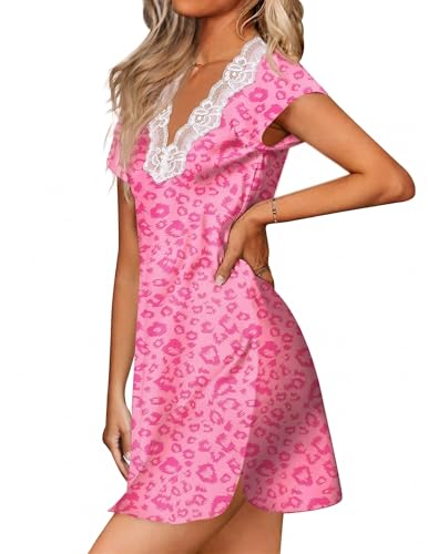 Image of Ekouaer Satin Nightgowns for Women Lace Nightgown Short Sleeve Nightshirt | Satin Night Gowns Women Sexy, Short Sleeves Night Dress, Lace V Neck, Above Knee Length, Cocktail Dates,Bridal Nightgowns