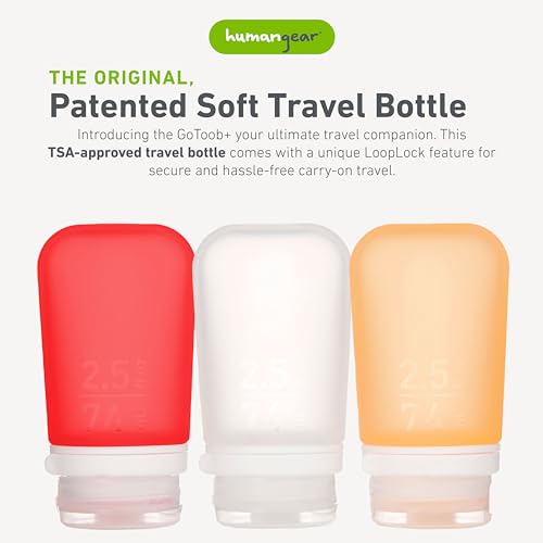 Image of humangear GoToob+ Bottles - Silicone Leak-Proof Travel Tubes for Toiletries, Camping & TSA Carry-On (3-Pack), Medium (2.5 fl oz; 74ml), Clear /Red /Orange