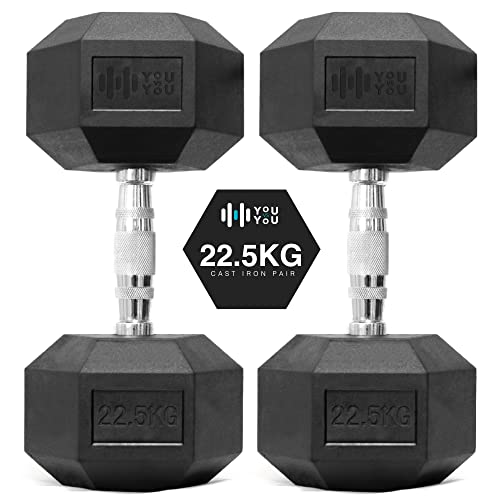 You vs You Hex Dumbbells Weights Pair for Home Exercise | 22.5kg Set of 2 Hexagonal Weight Rubber Encased for Home Fitness Gym Workouts Training Muscle Building & Conditioning | Unisex | Strength Fit
