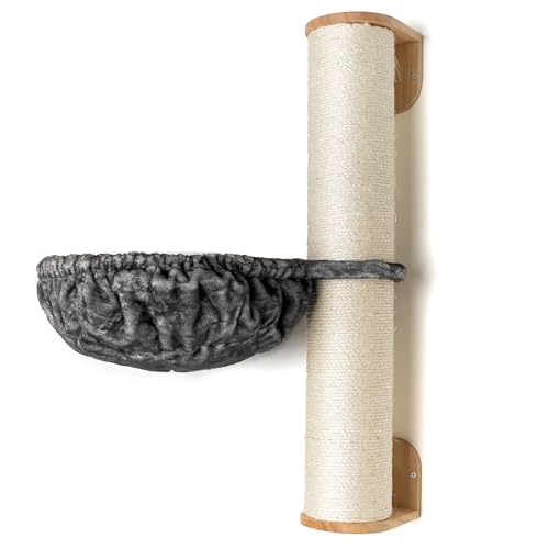 RHRQuality Wandmöbel Kletterwand Katze – Wand Sisalstamm XXL mit Hängematte 45Ø de Luxe – Belastbarkeit bis 20 kg – Für große Katzen – Mit luxuriöser Liegefläche – Dunkelgrau
