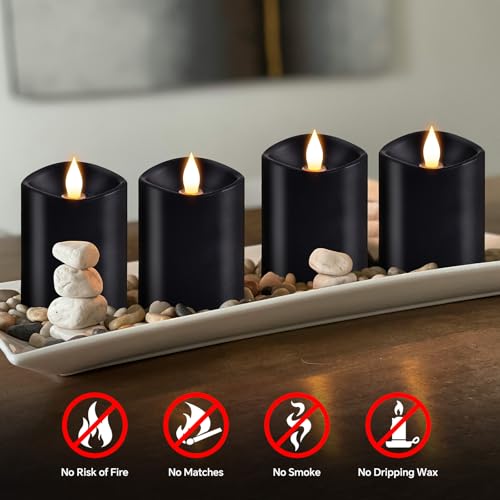 Image of 3x4 Flickering Flameless Candles Set of 3,Real Wax Pillar led Candles Flickering,with Timer,4 inch Flameless Candles with Remote,for Holiday Home Decor Party,Black